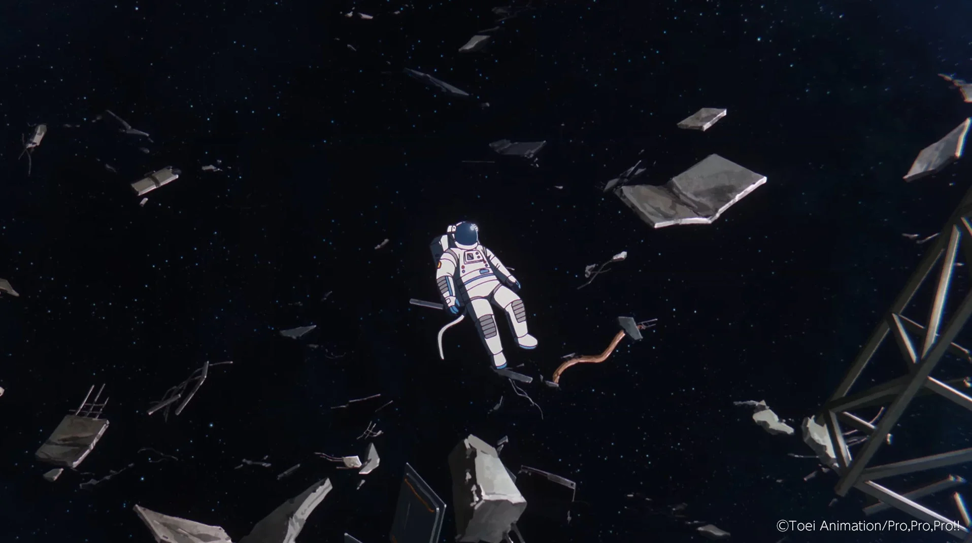 宇宙飛行士がスペースデブリに囲まれているアニメ画像