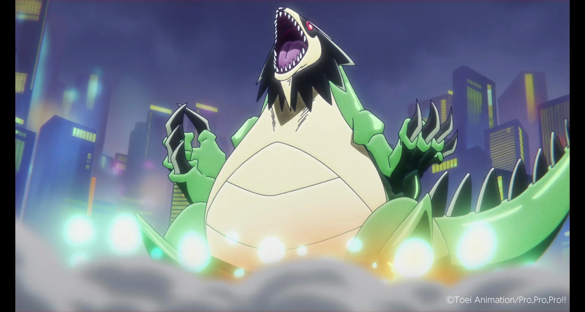 夜の都市で咆哮する緑色の巨大怪獣のアニメ画像
