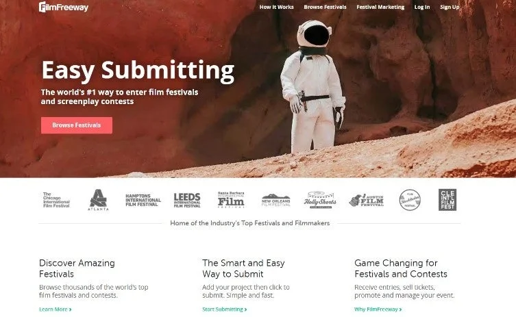 映画祭や脚本コンテストへの応募を促進する「FilmFreeway」というウェブサイトのランディングページ